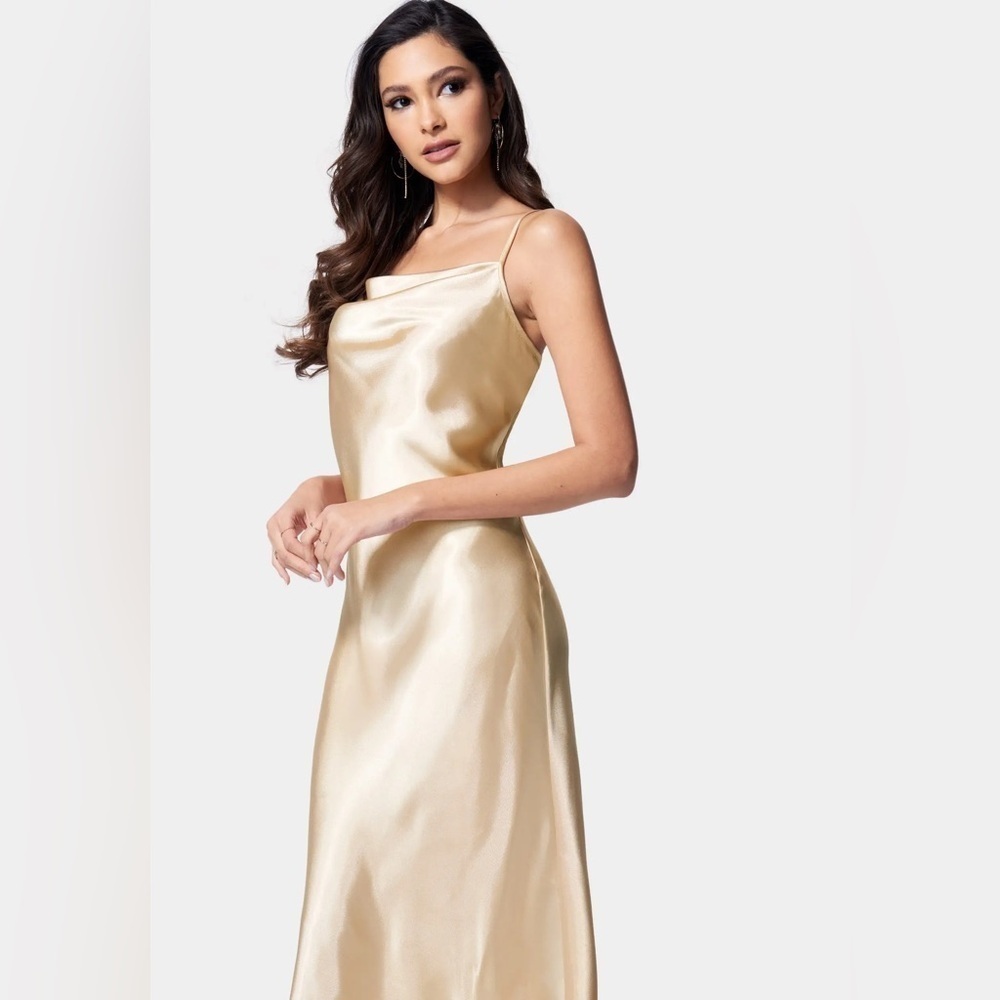 Bebe SATIN COWL NECK SLIP MIDI DRESS Size Large - Champagne MSRP $69 - Picture 3 of 5